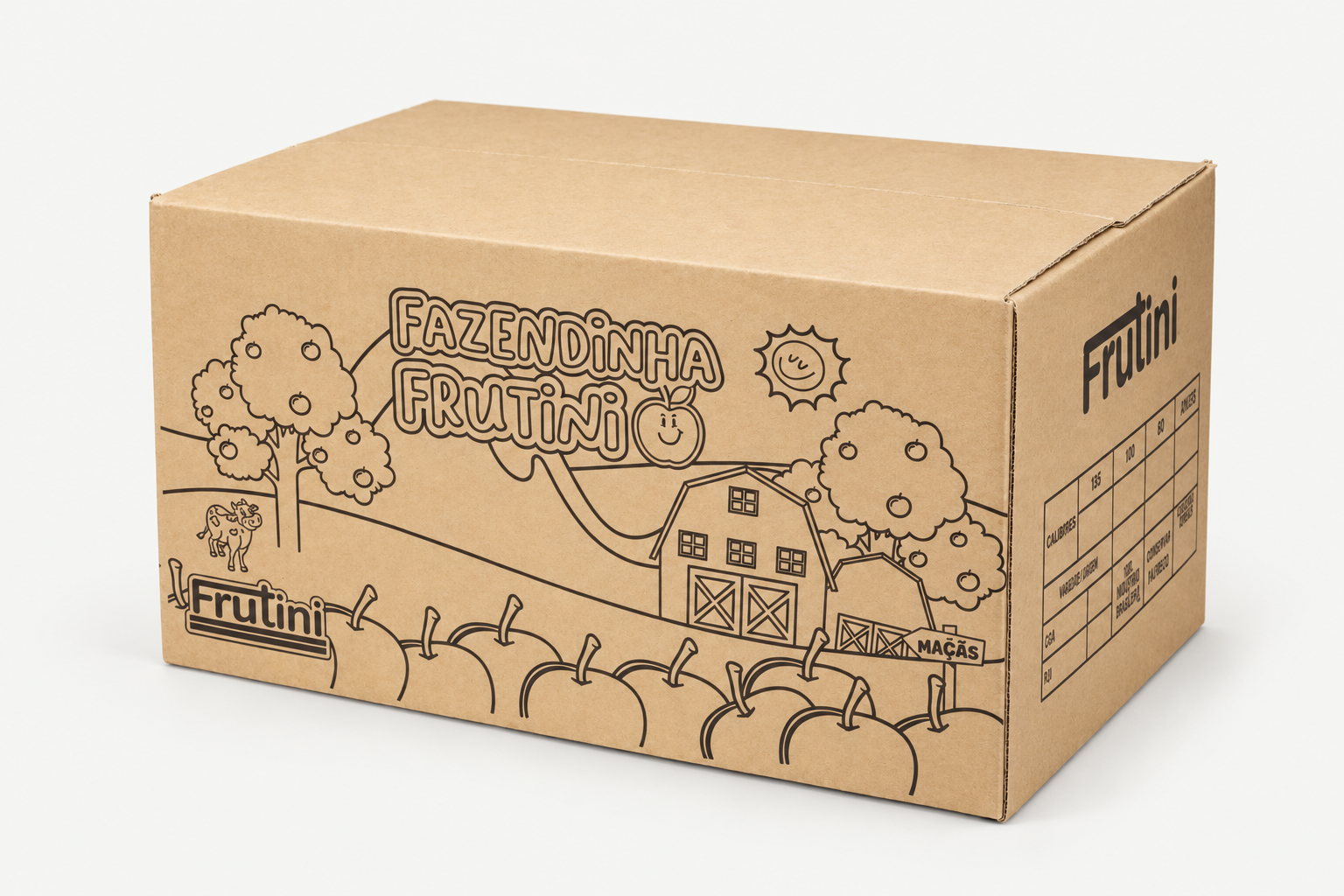 Caixa Fazendinha Frutini com ilustração de pomar