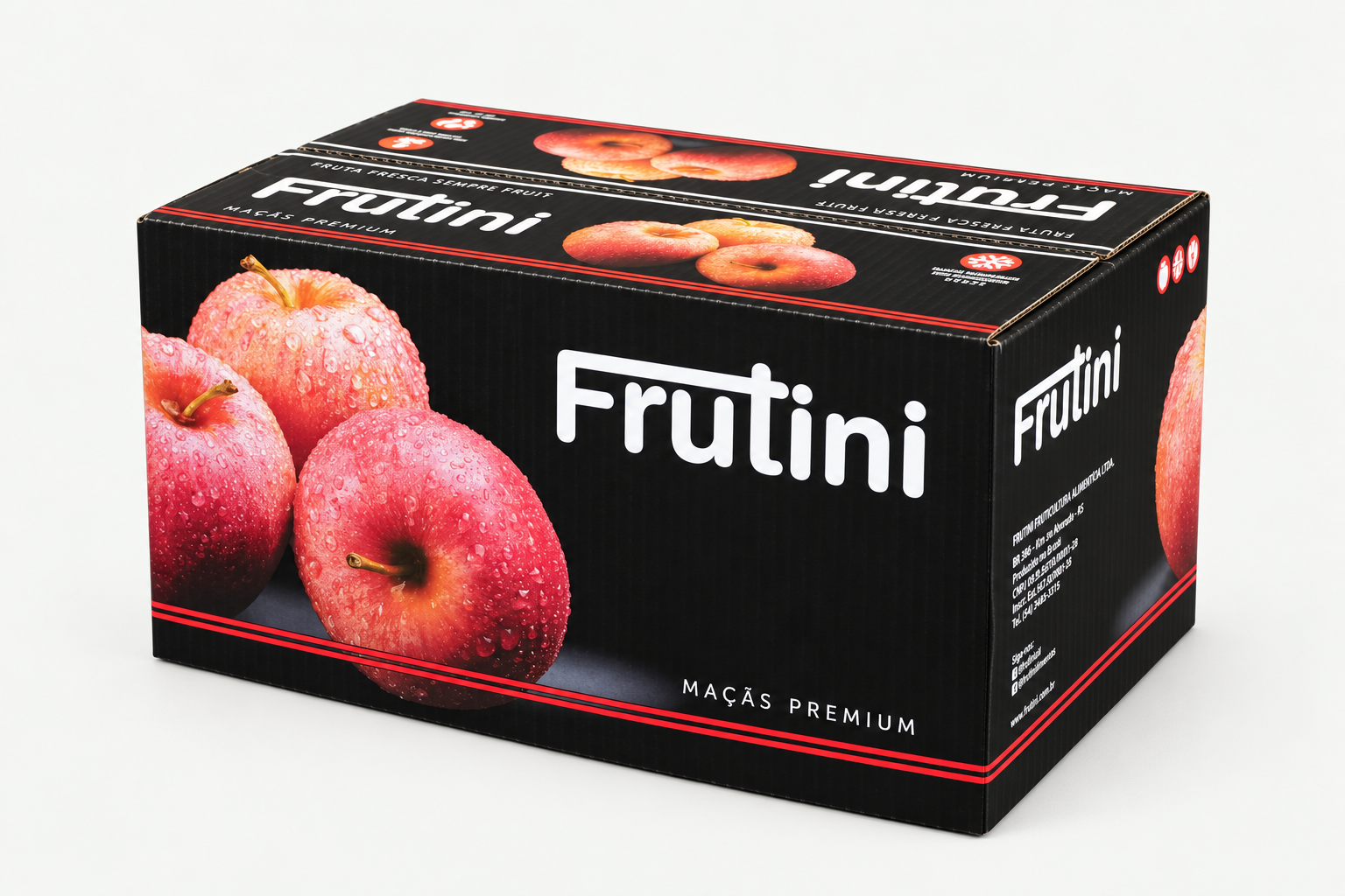 Caixa Frutini Maçãs Premium, preta com fotografia de maçãs