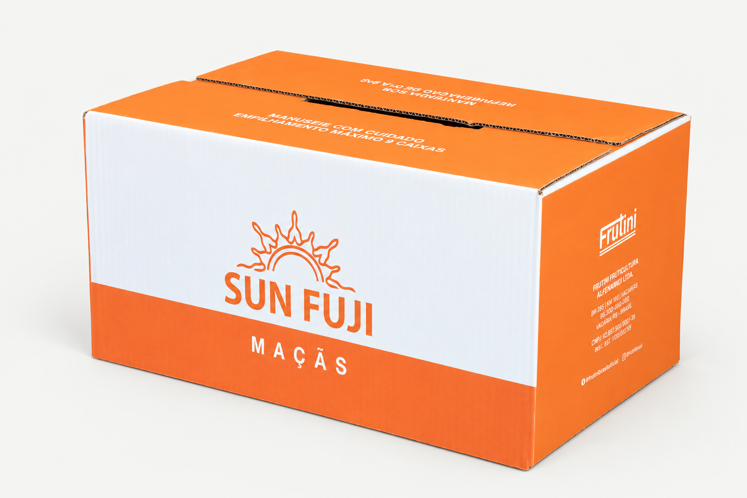 Caixa laranja e branca Sun Fuji Maçãs