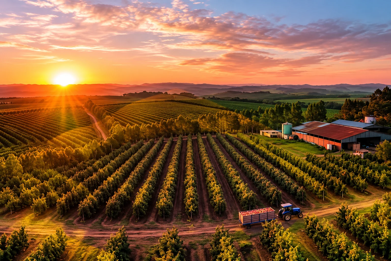 Imagem aérea ilustrativa de pomares ao pôr do sol, baseada em foto publicada pela Frutini